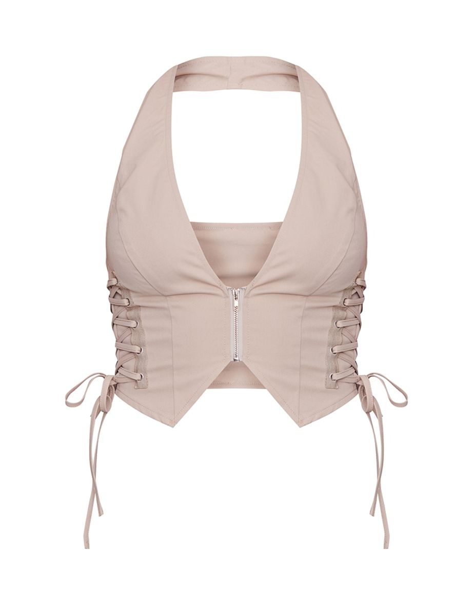 Stone Cargo Lace Up Side Zip Up Crop Top - 4