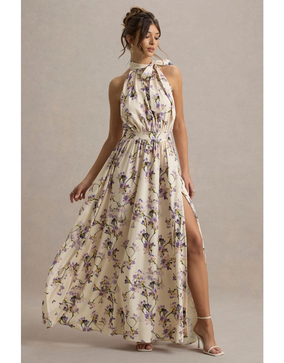 Talia | Lemon Floral Print High-Neck Split Maxi Dress With Bow - 5