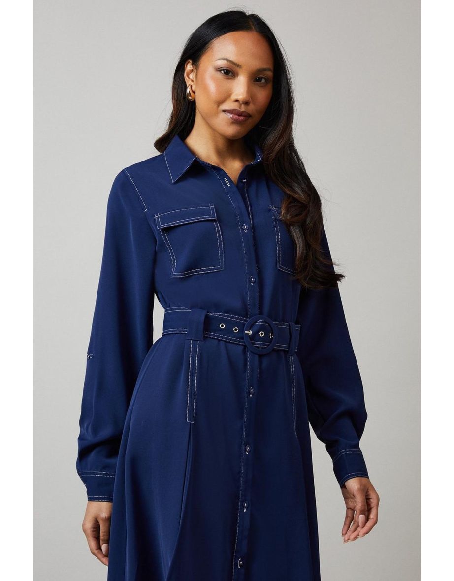 Navy Contrast Stitch Belted Utility Dress - 3