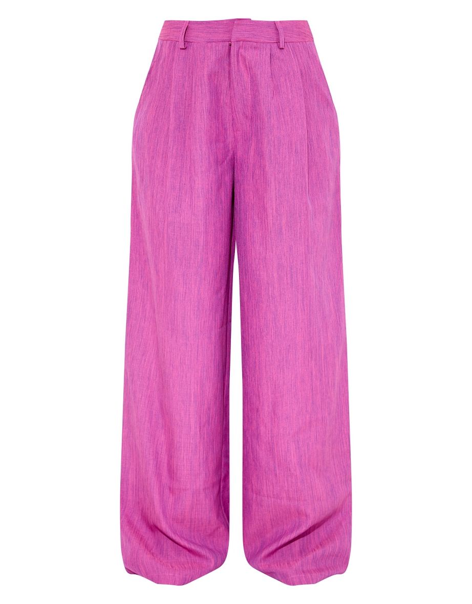 Magenta Woven Linen Feel Tailored High Waist Wide Leg Trousers - 4
