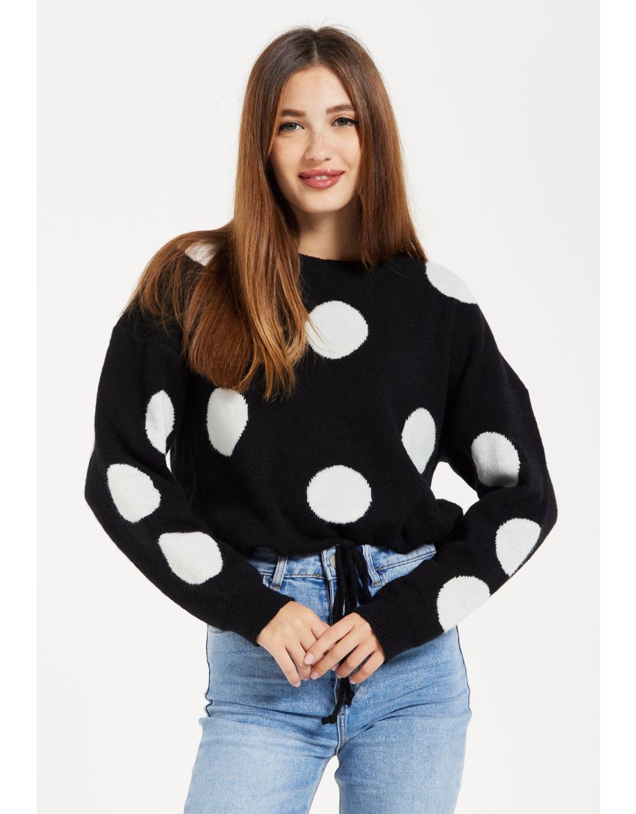 Women's Black Jumper with Long Sleeves and White Polka Dots