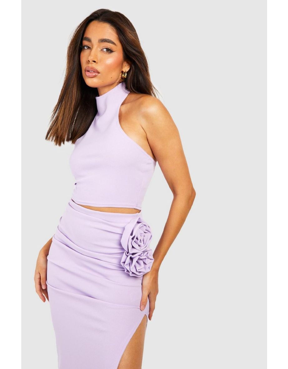High Neck Top & Corsage Thigh Split Midaxi Skirt - lilac - 3