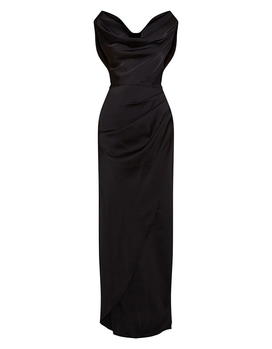 فستان ماكسي ساتان بثنيات وياقة منسدلة - أسود - 4