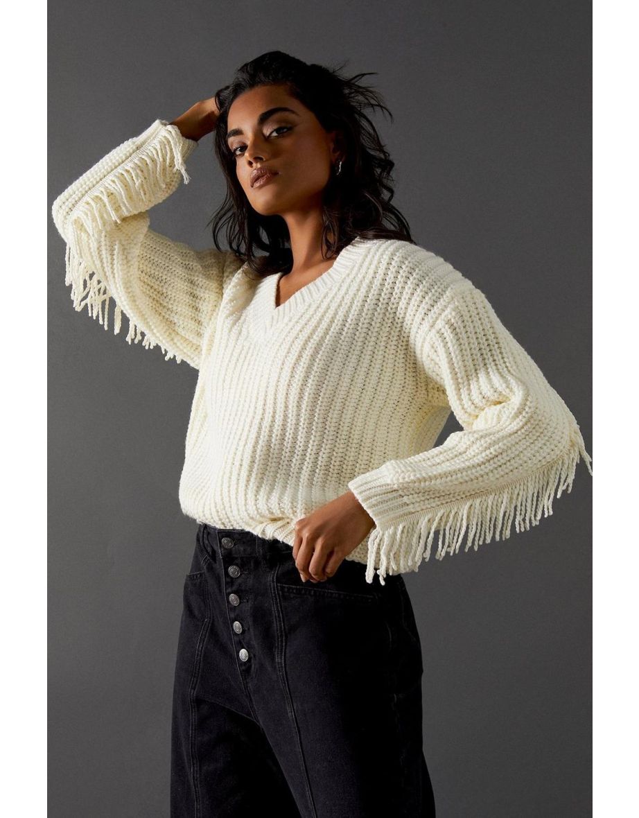 Fringed Back V Neck Jumper - 3