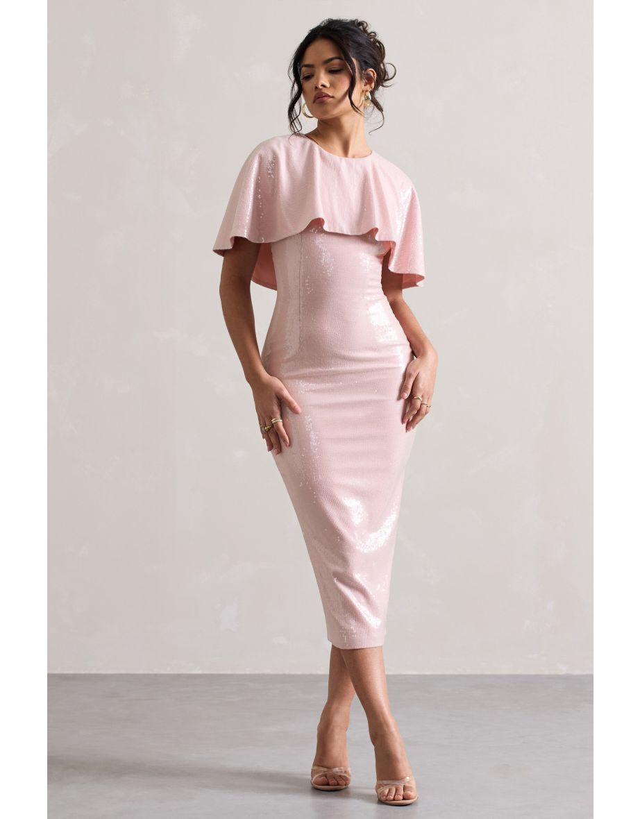Amelie | Pastel Pink Sequin Midaxi Dress With Cape