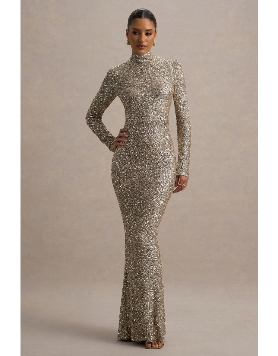 Galaxy | Champagne Sequin Turtle-Neck Long-Sleeve Maxi Dress