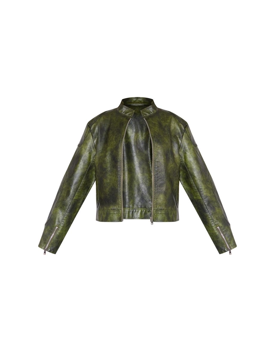 Dark Green Faux Leather Washed Boxy Biker Jacket - 4