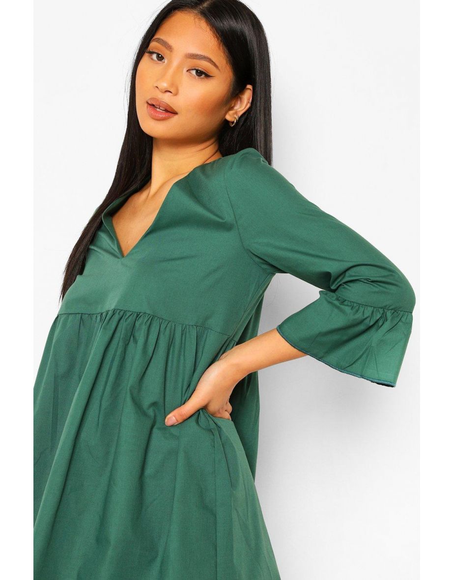 Petite V Neck Smock Dress - olive - 3