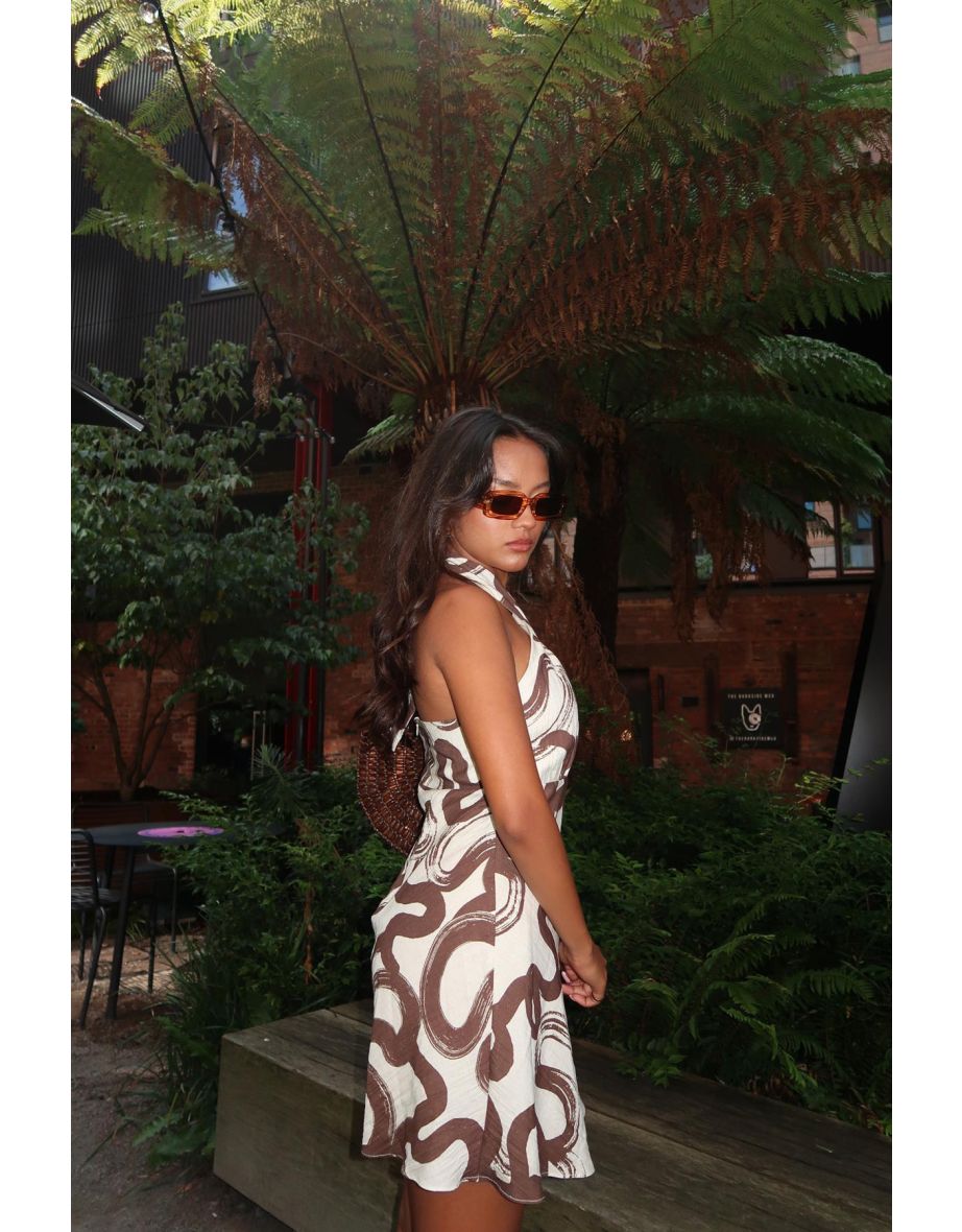 Natural-Brown-Swirl Cross-Halter-Neck Mini-Dress - 3
