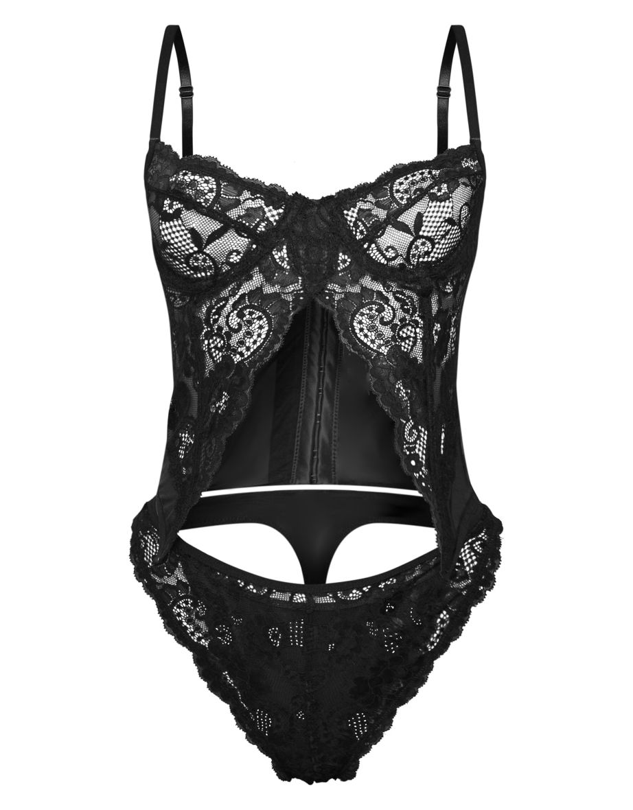 Black Split Front Detail Lace Corset Lingerie Set - 3