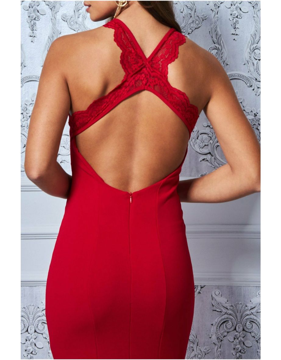 Goddiva Scallop Lace Cross Back Occasion Maxi - Red - 3