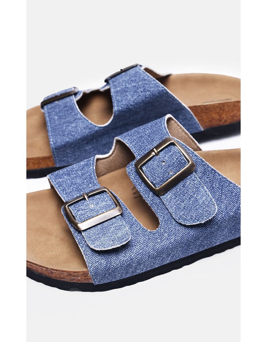 Indigo Printed Denim Buckle Strap Sliders - 3