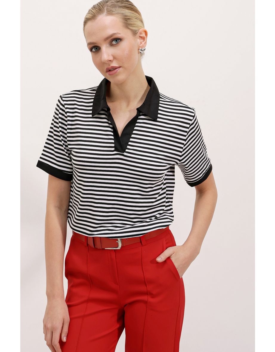 Polo Neck Striped T-Shirt