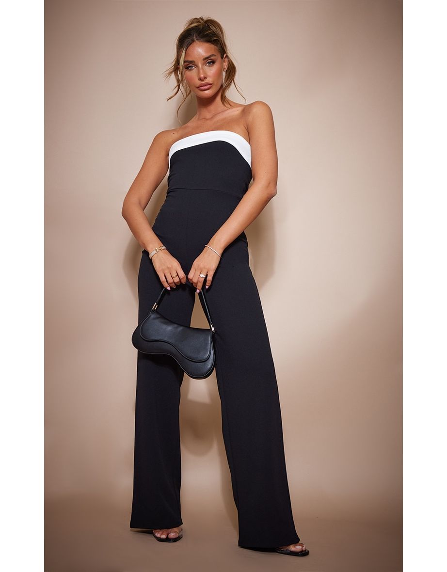 Black Crepe Contrast Fold Over Detail Wide Leg Jumpsuit