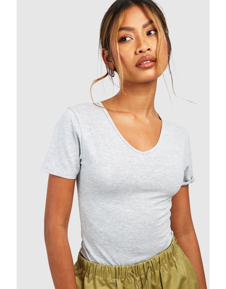 Basic Short Sleeve V Neck Bodysuit - grey marl - 3