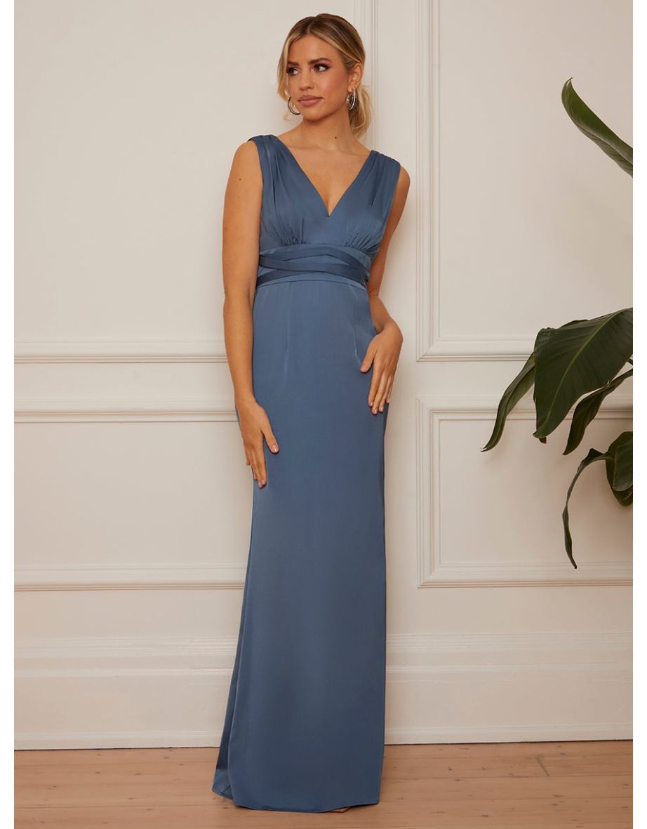Sleeveless V Neck Satin Dress in Blue