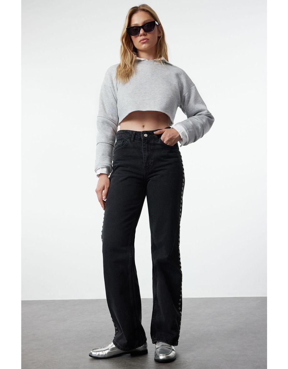 Black Troc Detailed High Waist Wide Leg Jeans