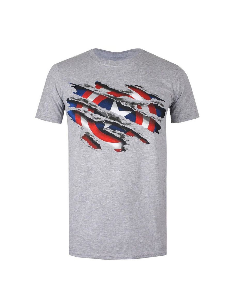 Captain America Mens Torn T-Shirt - Sports Grey/Blue/White