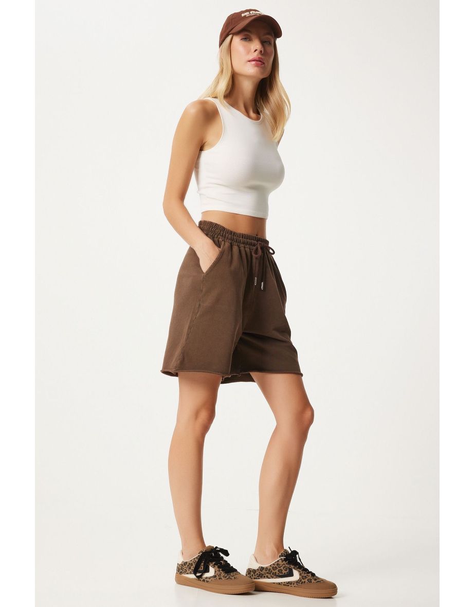 Women's Brown Washed Knitted Tracksuit Shorts