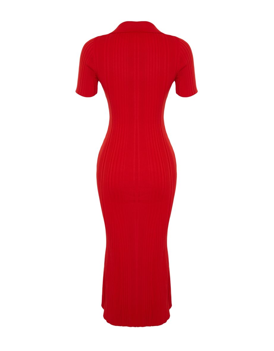 Red Plain Maxi Knitwear Polo Collar - 7