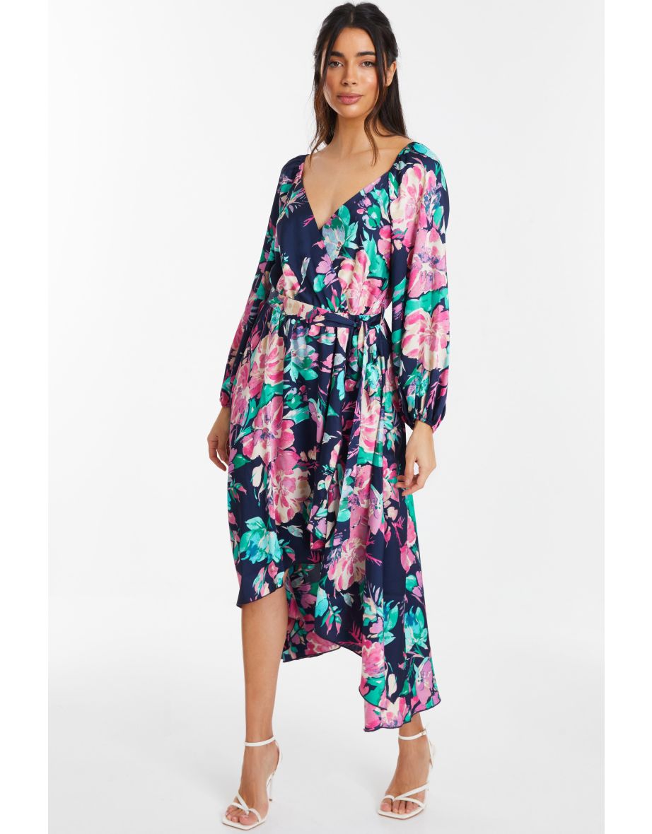 Shop Navy Satin Floral Wrap Dip Hem Midaxi Dress Online in Qatar VogaCloset