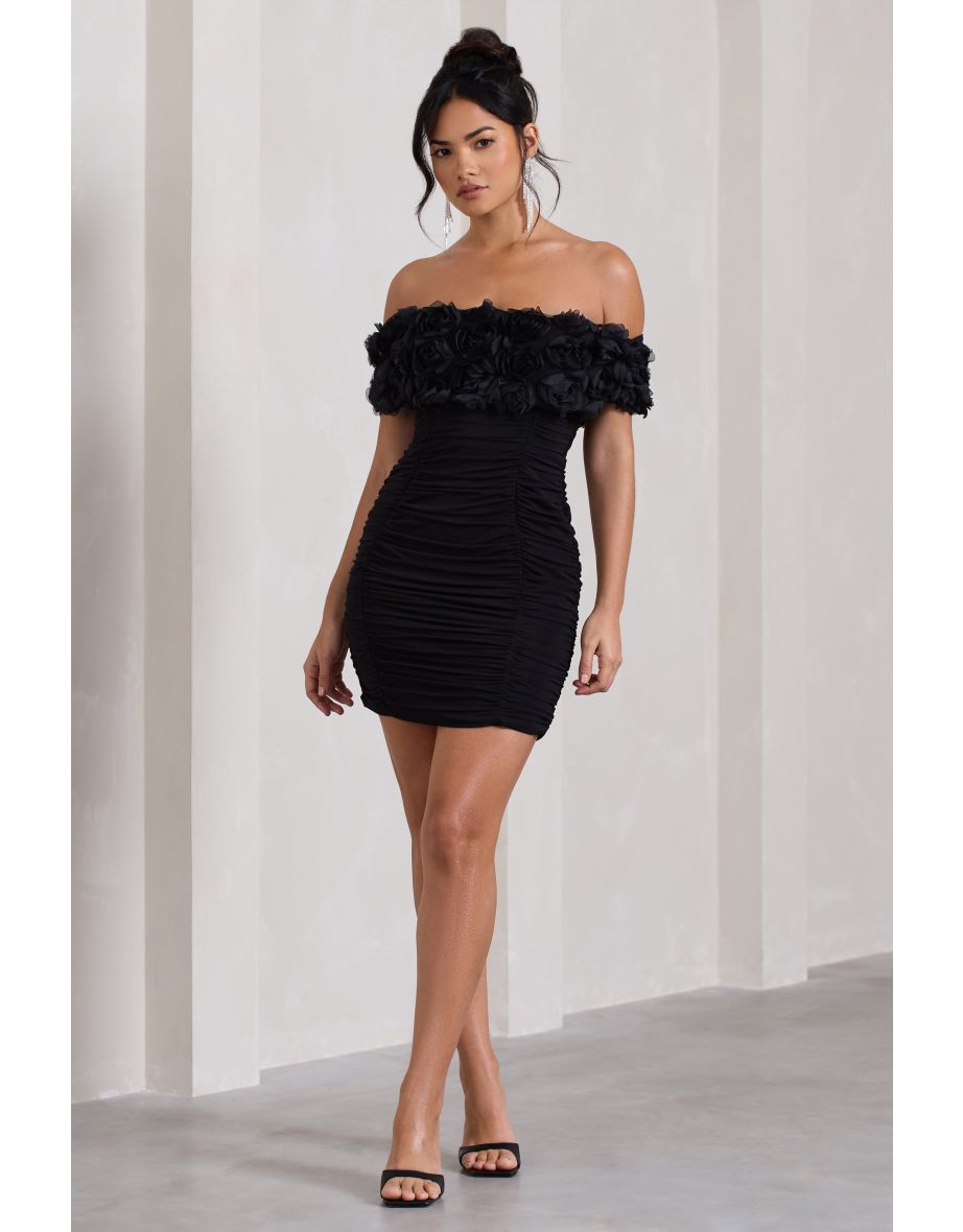 Pass A Glass | Black Ruched Bardot Mini Dress With Flowers - 4
