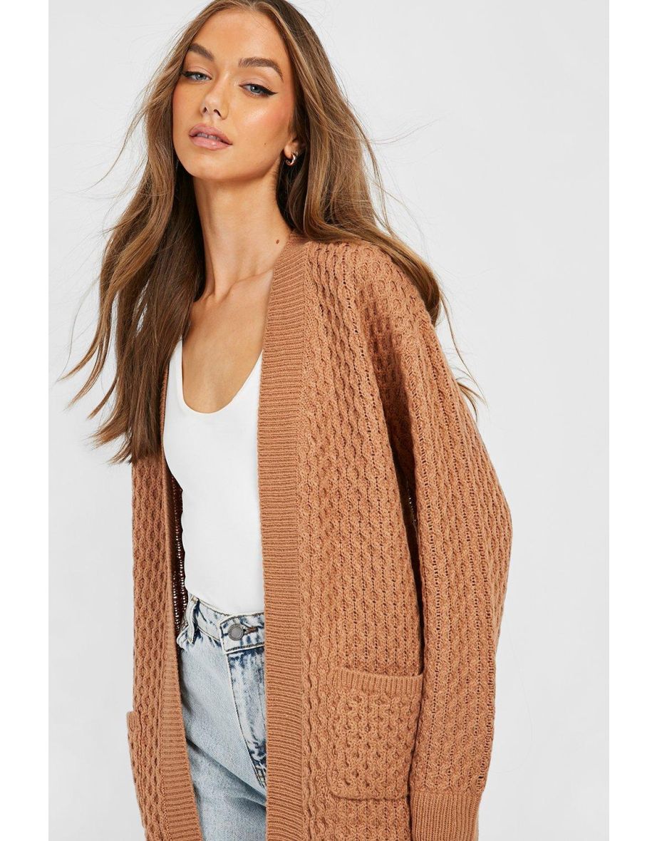 Cable Cardigan With Pockets - camel - 3