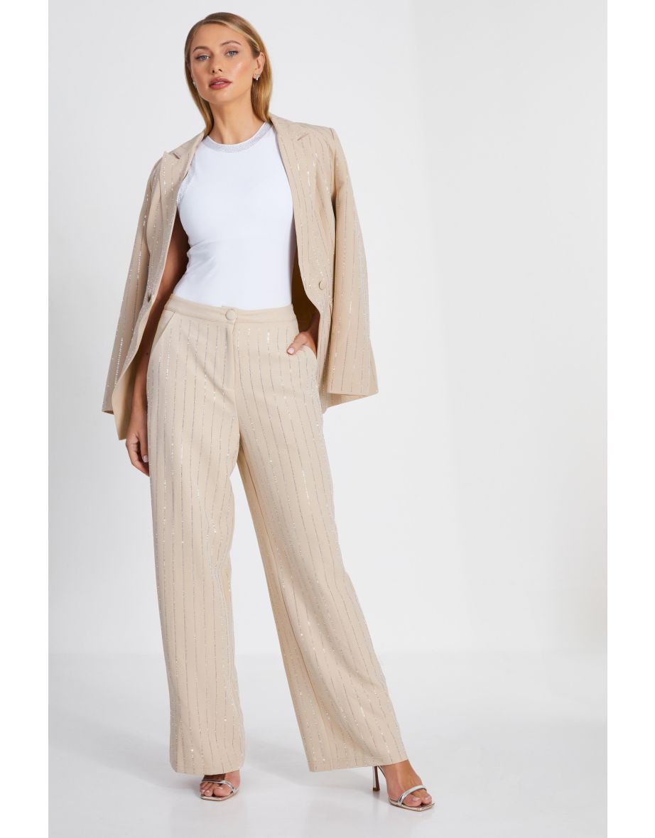 Beige Pinstripe Embellished Wide Leg Trousers