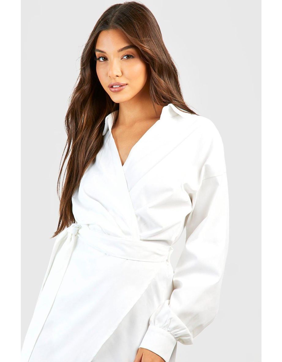 Belted Wrap Midi Shirt Dress - white - 3