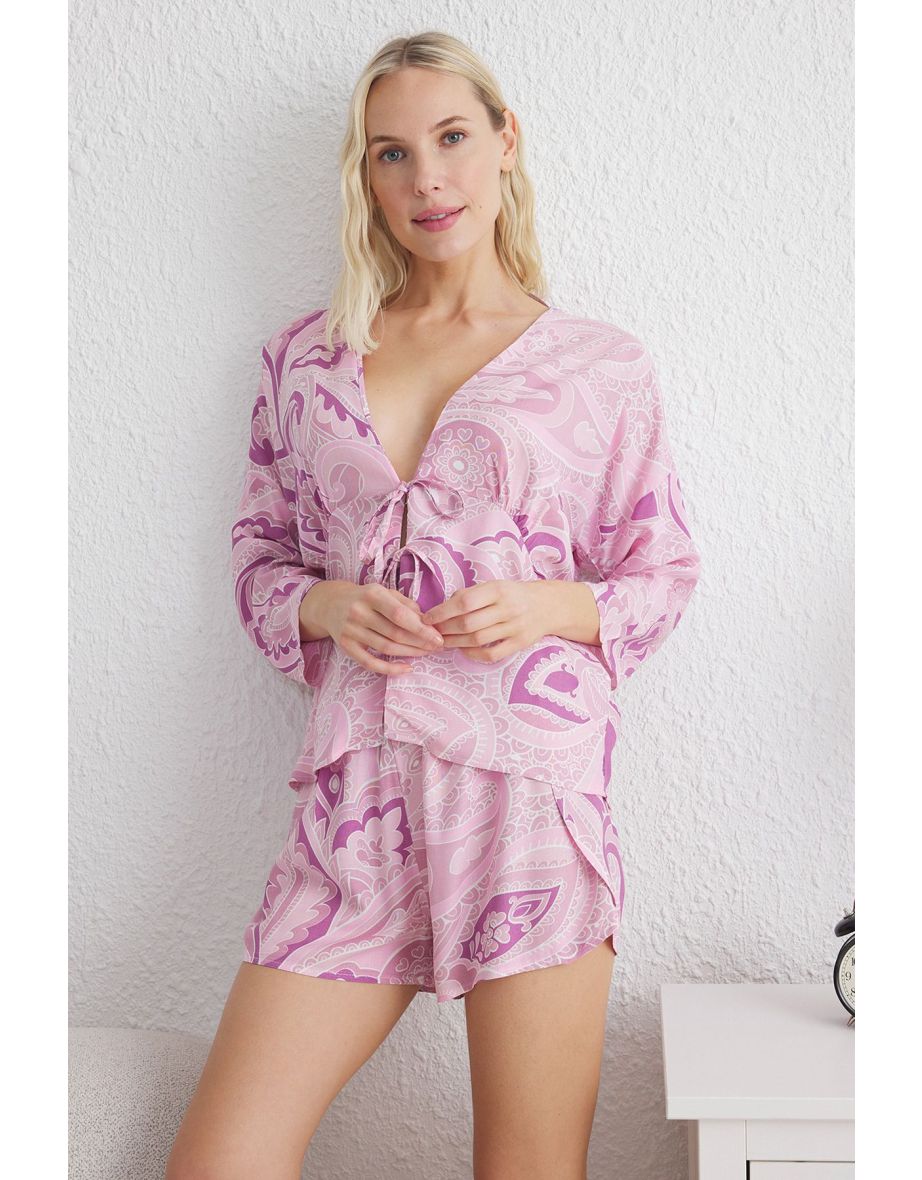 Pink Ethnic Patterned Tie/Bow Detailed Viscose Woven Pajama Set - 4