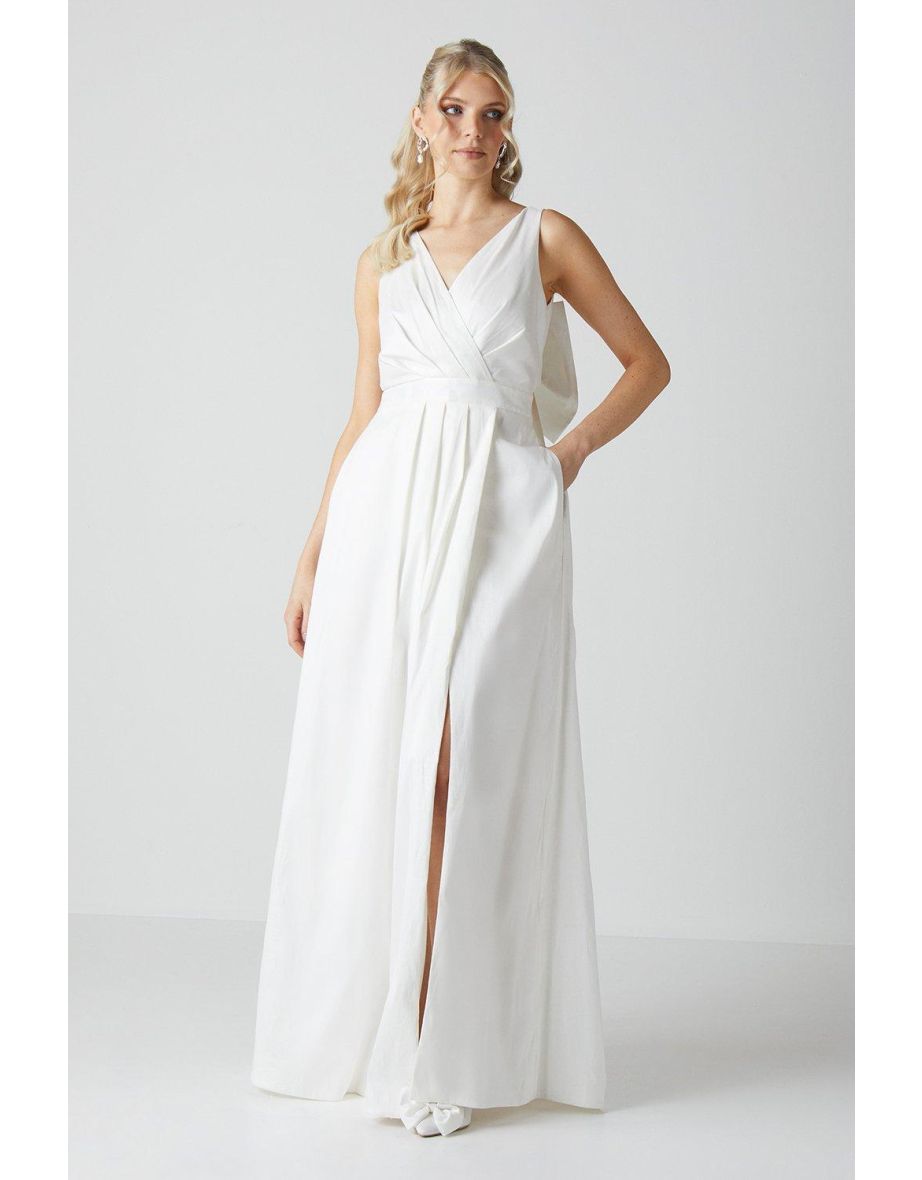 Wrap Front Full Skirted Wedding Dress With Taffeta Bow