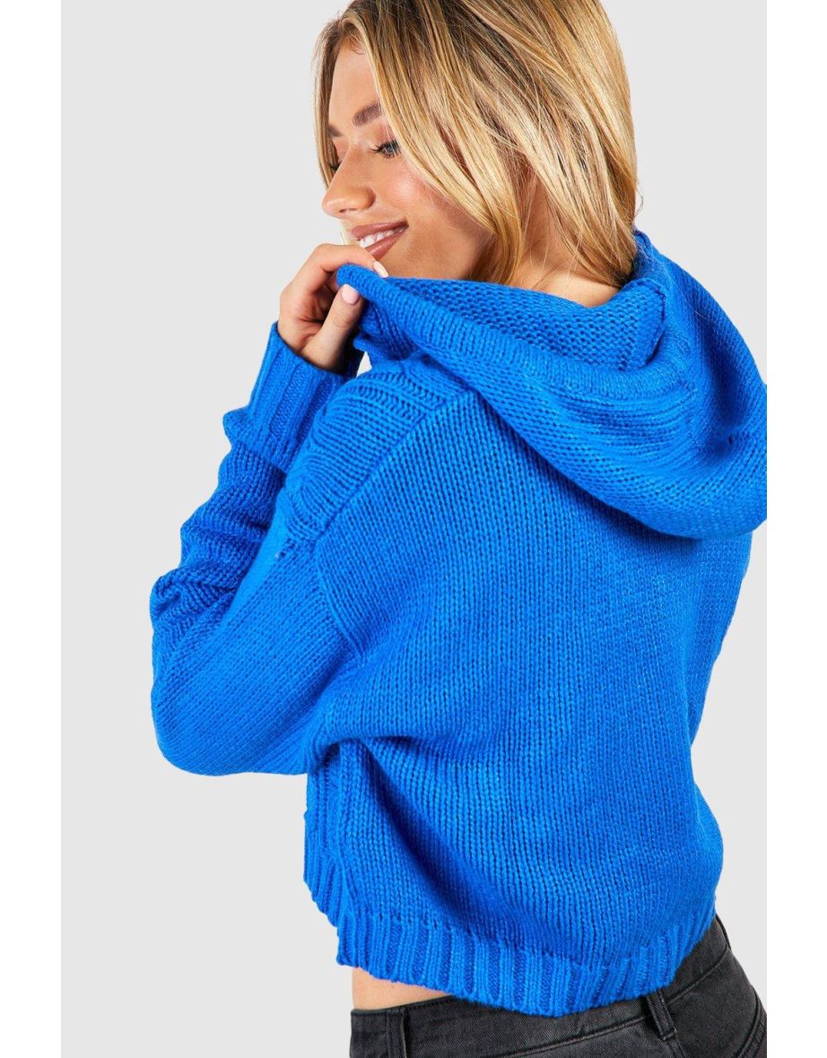 Cable Knit Hooded Crop Jumper - blue - 3