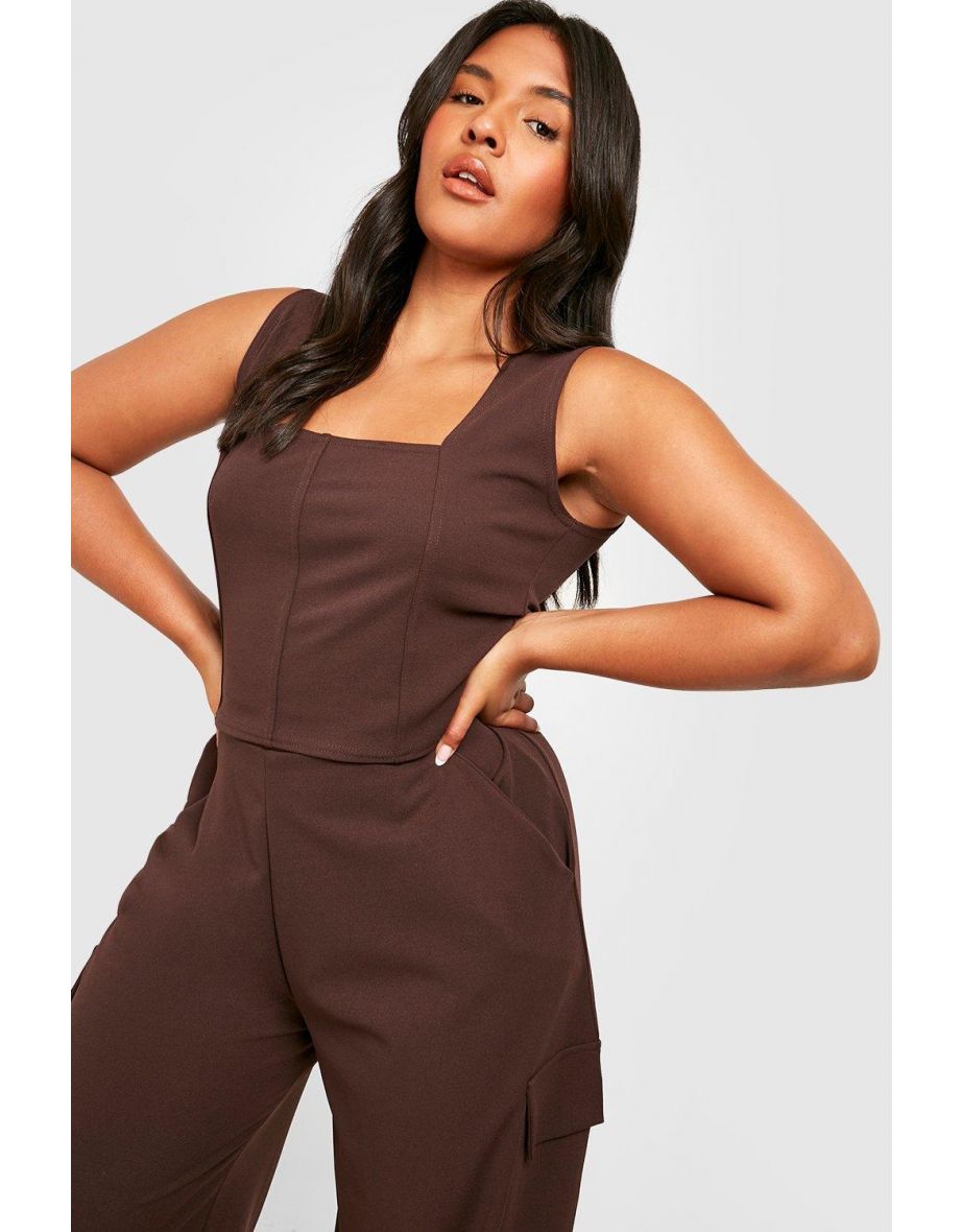 Plus Corset & Wide Leg Cargo Trouser Co-ord - chocolate - 3