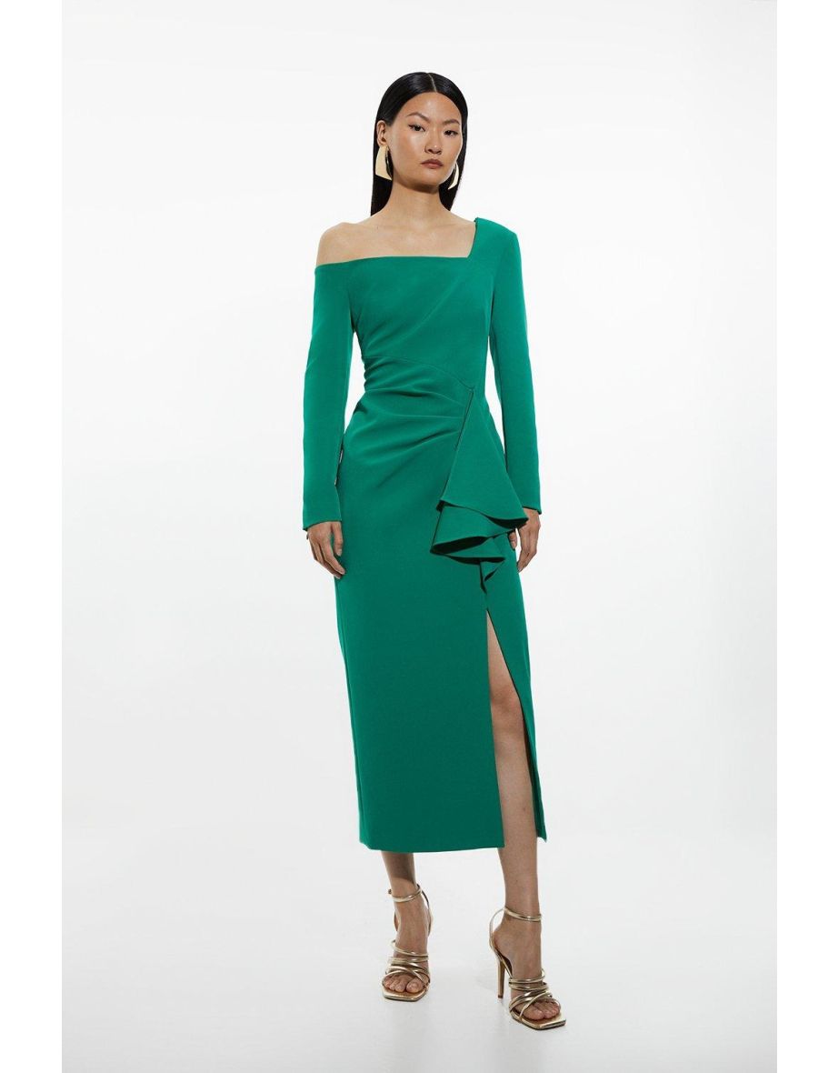 Stretch Crepe Asymmetric Neckline Draped Midaxi Dress