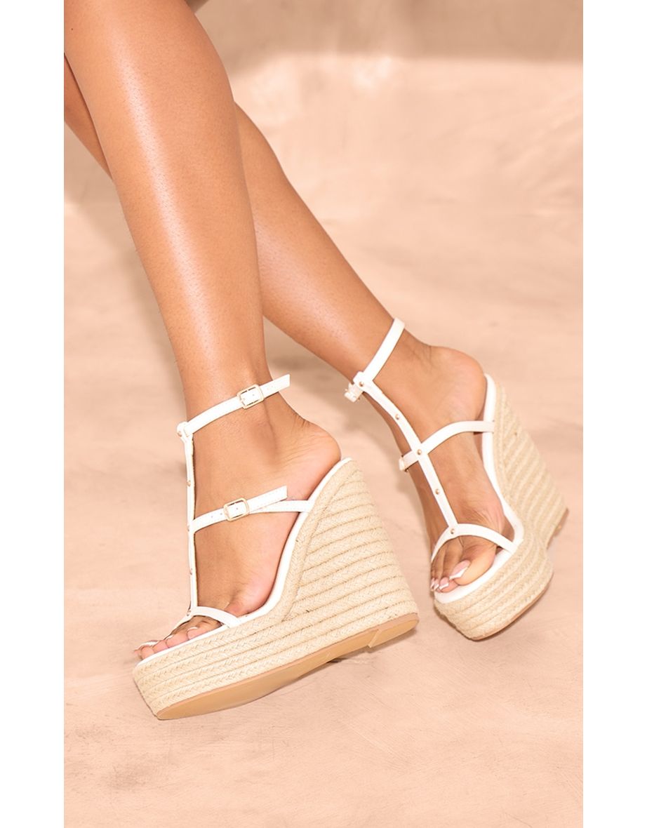 Shop White Snake Print T Bar Stud Detail Heeled Wedges Online in Bahrain VogaCloset