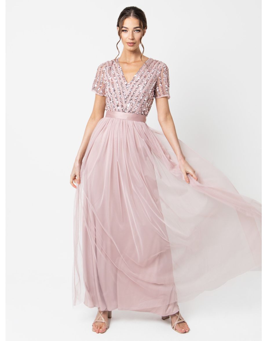 Shop Maya Frosted Pink Stripe Embellished Maxi Dress With Sash Belt Online in Bahrain VogaCloset