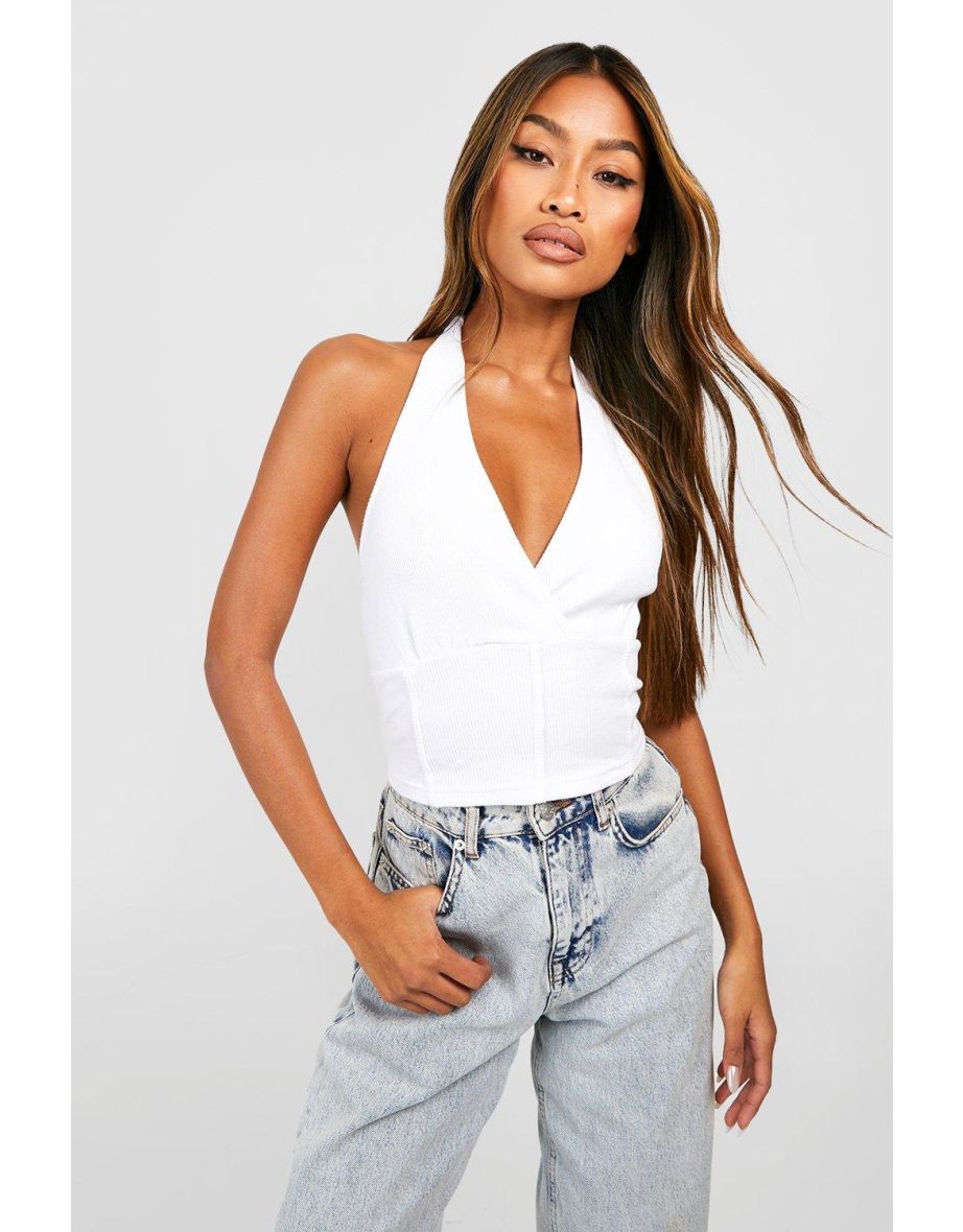 Halter Neck Ribbed Corset Top - white - 3