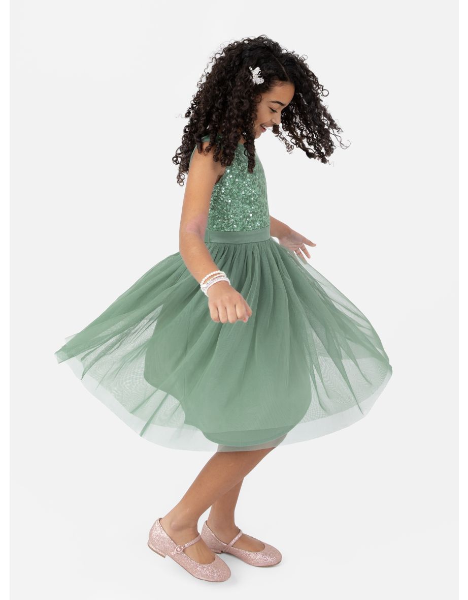 Mini Maya Dark Green Delicate Sequin Midi Dress With Bow - 1