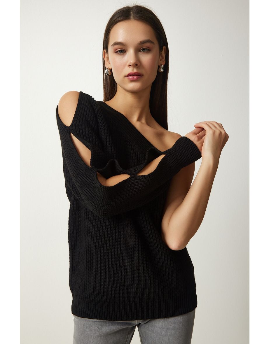 Women's Black Window Detailed Single Sleeve Knitwear Sweater