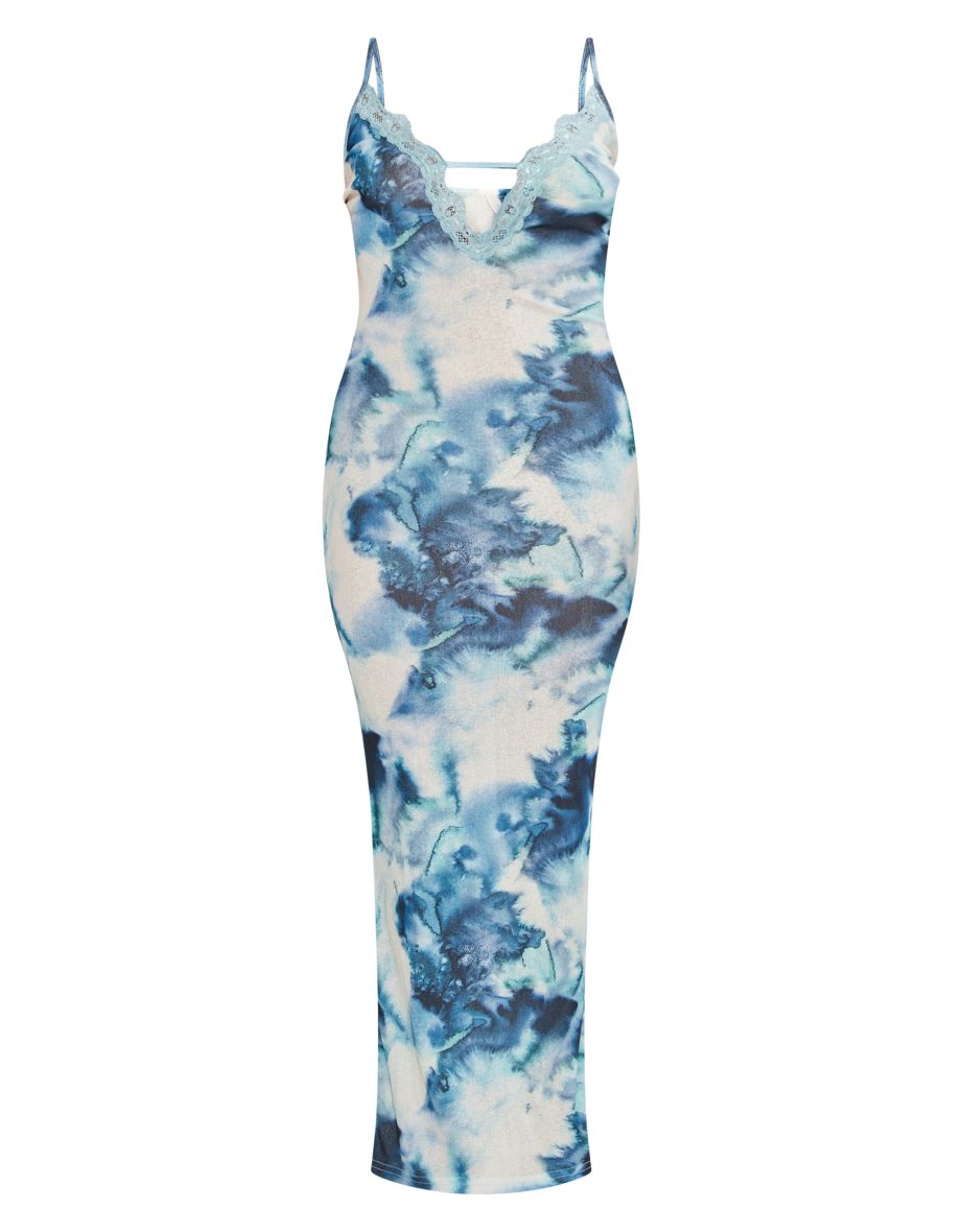 Blue Abstract Onion Skin Lace Trim Midaxi Dress - 4