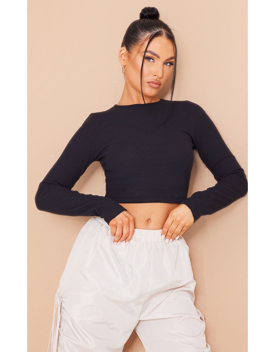Recycled Black Rib Long Sleeve Crop