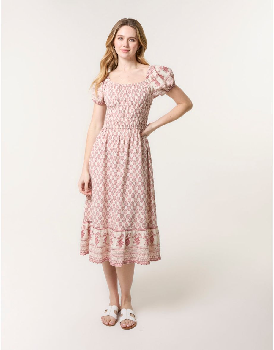 Border Print Puff Sleeve Midi Dress - 3