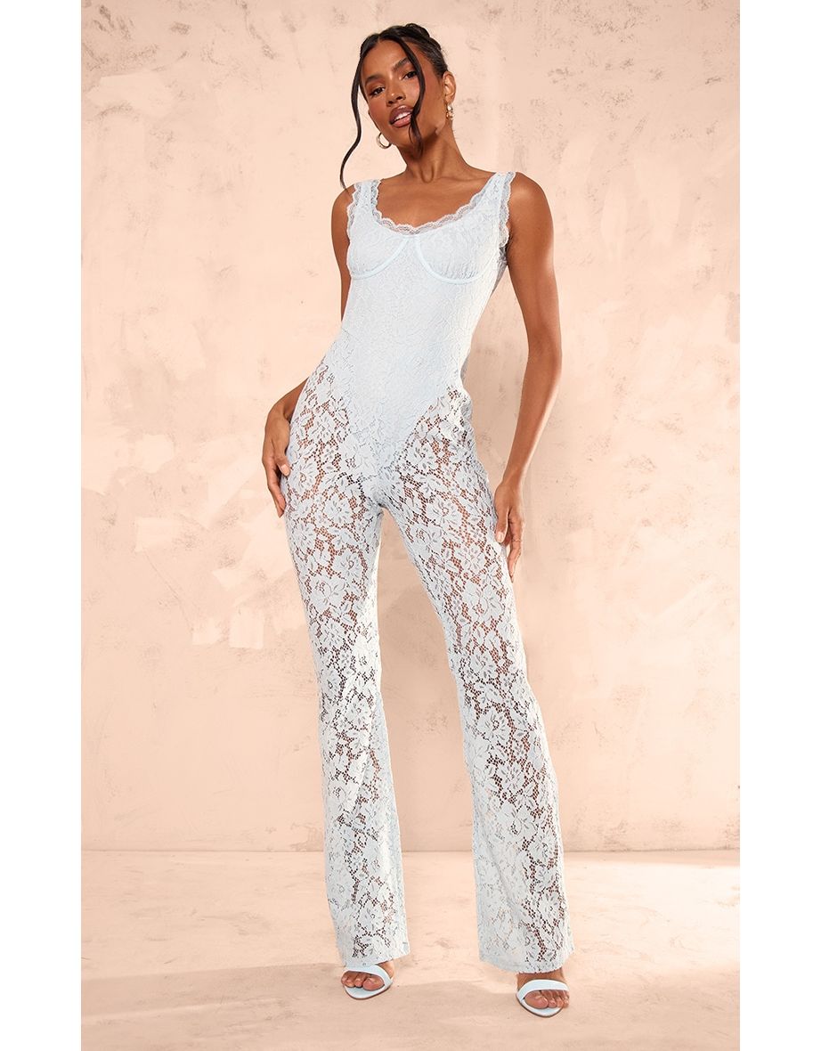 Shop Blue Lace Boning Detail Strappy Flared Jumpsuit Online in Oman VogaCloset