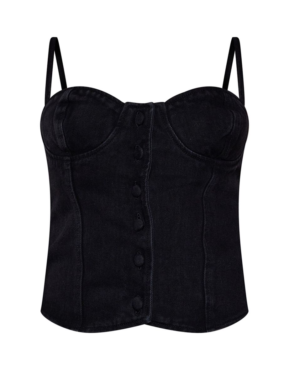 Washed Black Cup Detail Button Front Denim Corset Top - 4