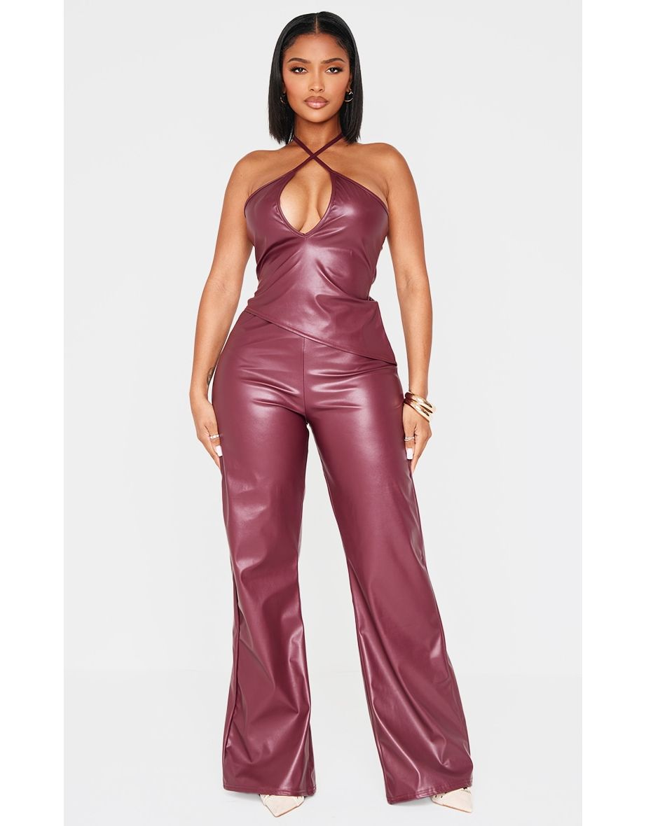 Shape Burgundy Faux Leather Halter Neck Top