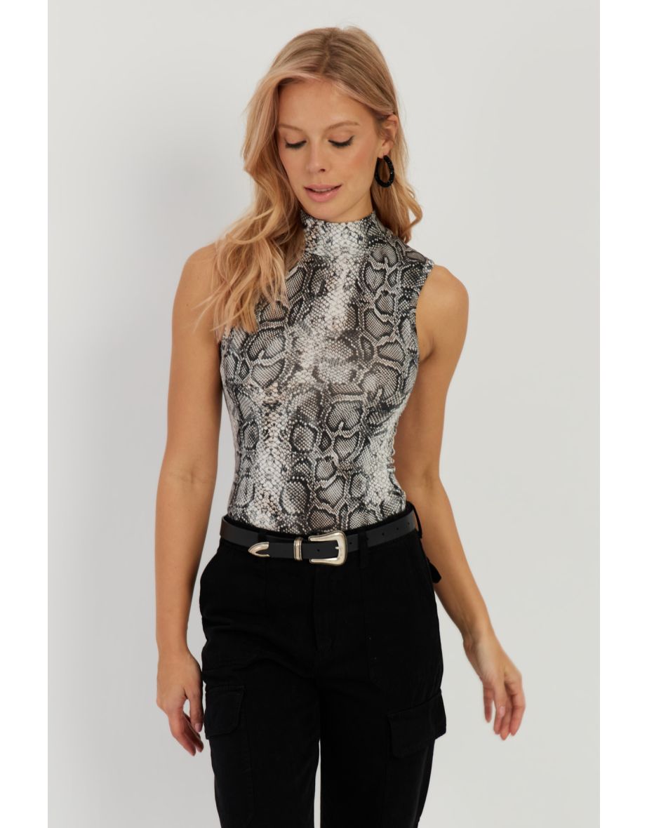 Women's Stone-Black Snake Patterned Sleeveless Blouse - 7