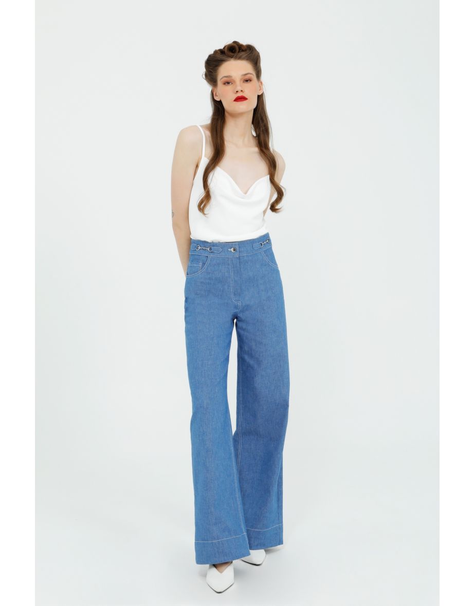 Blue Palazzo Pants with Drawstring Buckle Detail