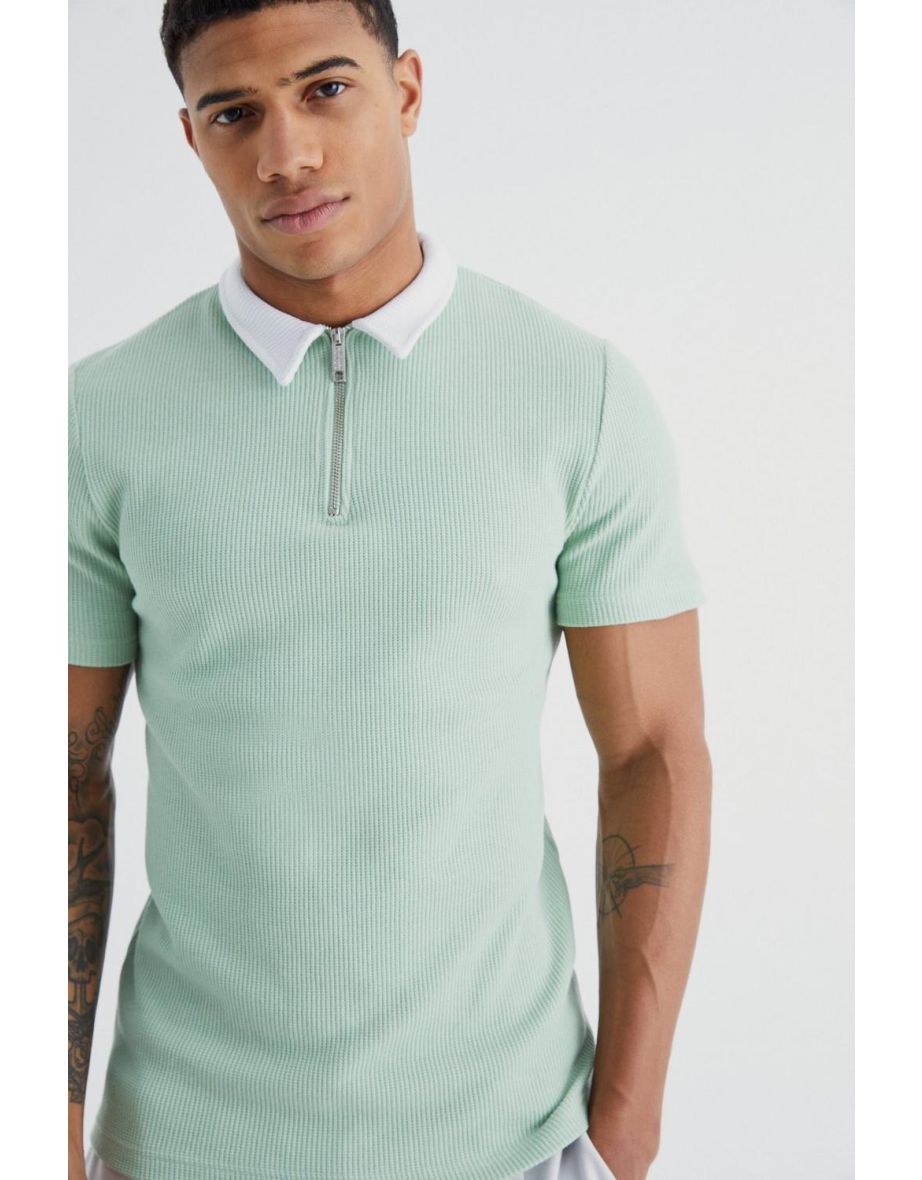 Short Sleeve Muscle Fit Waffle Polo - 2