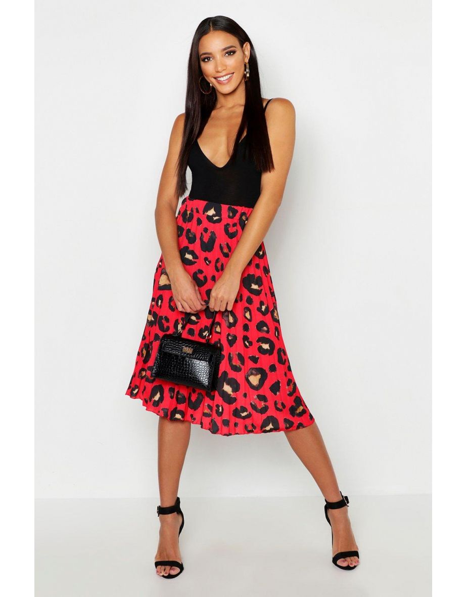 Pleated Leopard Print Midi Skirt - red - 3