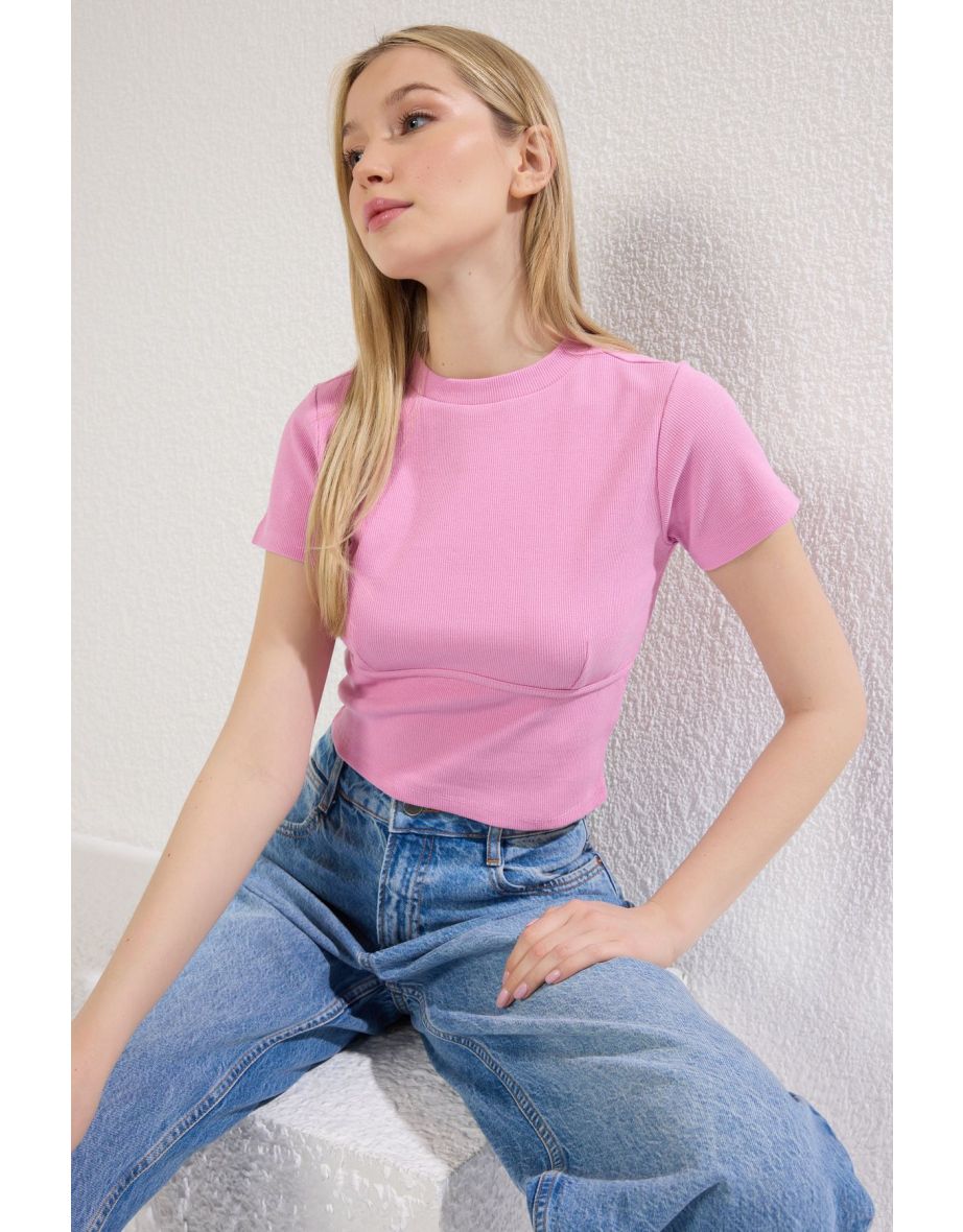 Pink Piping Detail Crew Neck Crop Ribbed Flexible Knit t-shirt